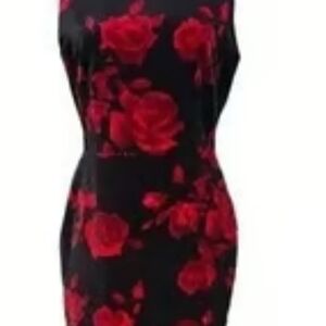 Black Midi Dress with Red Rose Print